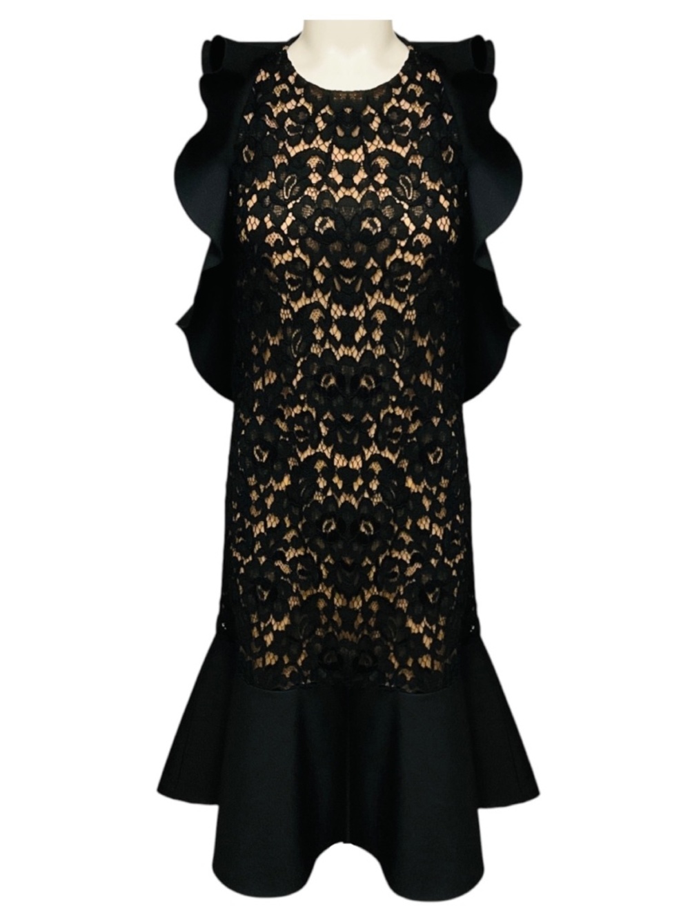 MICHAEL KORS COLLECTION BLACK / NUDE RUFFLED LACE COCKTAIL DRESS